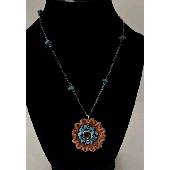 VTG South Western Style Turquoise & Leather Sterling Silver Chain Necklace - Picture 3 of 9